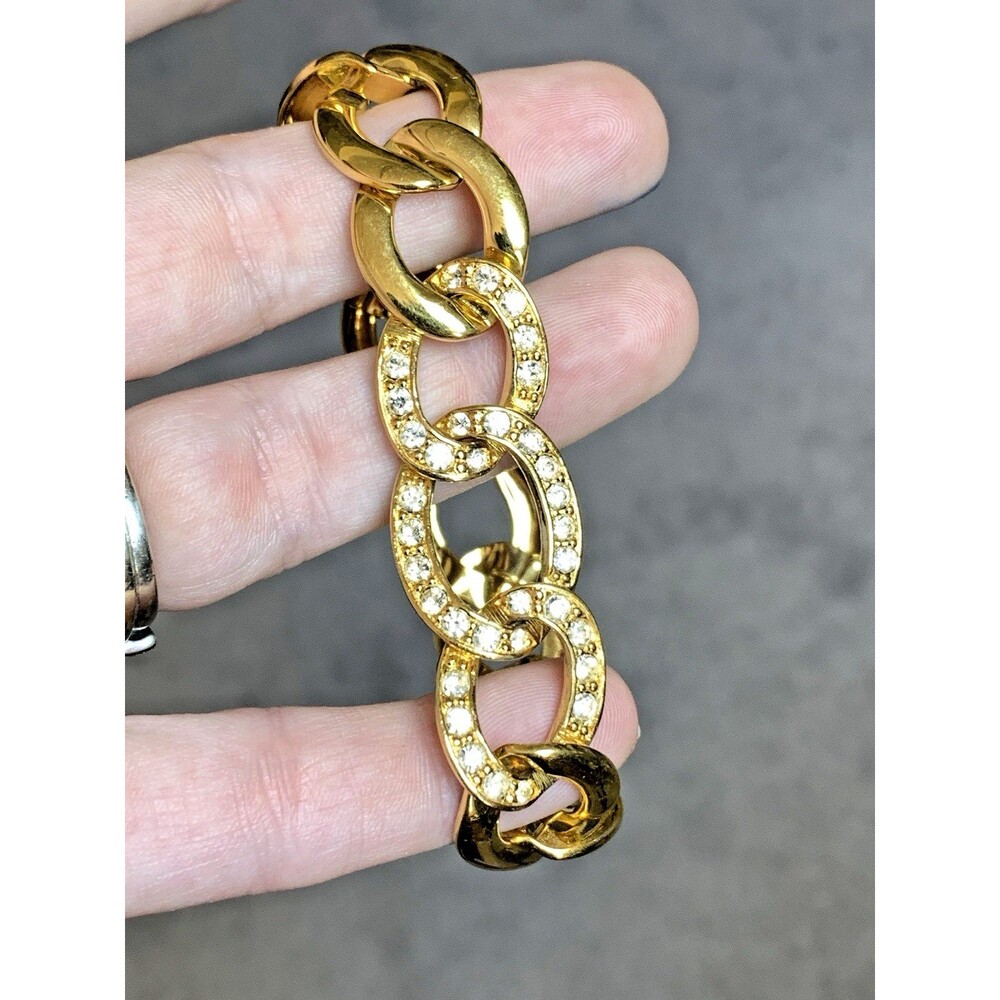 Vintage Napier Chunky Gold Tone Link Bracelet Clear Rhinestones Signed